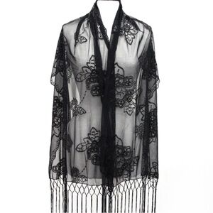 Elegant Black Sequin Flower Fringed Wrap Shawl